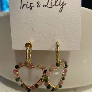 Gold earrings with semi-precious stone hearts